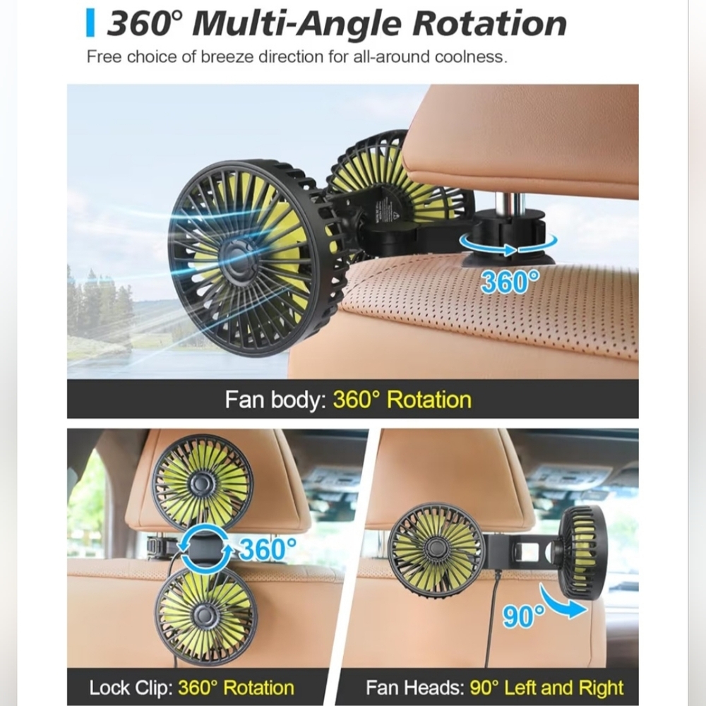 Dual Car Seat Fan USB 360° Rotating Headrest Cooling Fan 3 Speed Adjustable Back - Picture 9 of 9